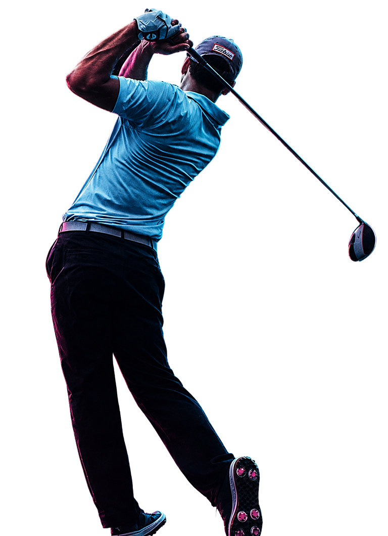 Golfer in blauem Shirt im Schwung, freigestellt