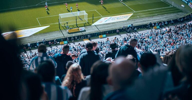 Fans in a packed stadium stand watching a football match, capturing sport as culture and community.